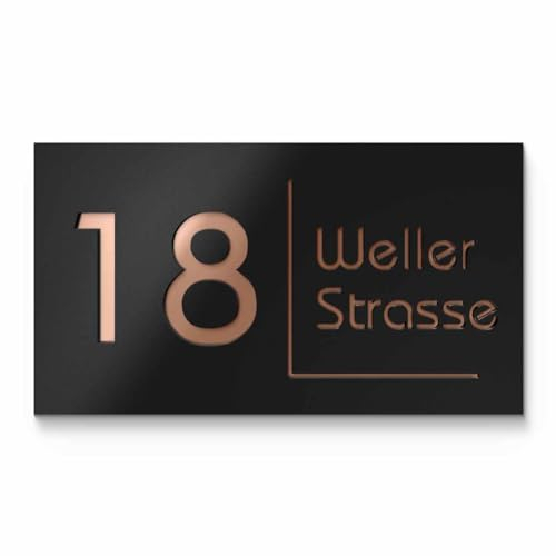 Großes Hausnummern Schild in schwarz - bronze/gold | moderne Hausnummer Edelstahl & Acrylglas mit Wunschtext - Größe 36x20 cm | hochwertiges Hausschild für draußen