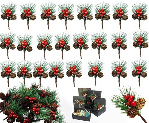 25 Stück Künstliche Tannenzweige mit Beeren, Weihnachten Tannenzapfen Zweige Dekorationen, Rote Beeren Tannenzapfen Zweige,Weihnachtsdeko Zum Basteln Zweige,Artificial Tannenzweige Beerenzweige