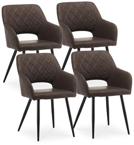 CLIPOP Esszimmerstühle 4er Set, Polsterstühle mit Armlehnen, Metallbeine, Kunstleder Bezug, Kunstleder Braun, bis 150 kg belastbar, für Arbeitszimmer, Wohnzimmer, Schlafzimmer (4er, Kunstleder Braun)