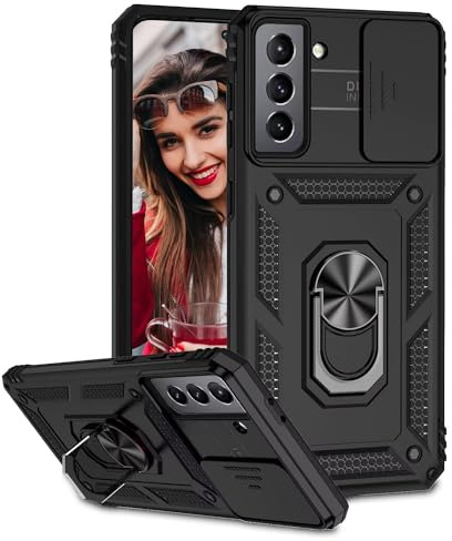 POUHYE Mobilskal för Samsung Galaxy S21 5G Fodral, [Skydd för skjutkameran] Stötsäkert utomhusfodral i militärklass case med 360° magnetisk ringhållare, robust och tåligt telefonskydd Svart