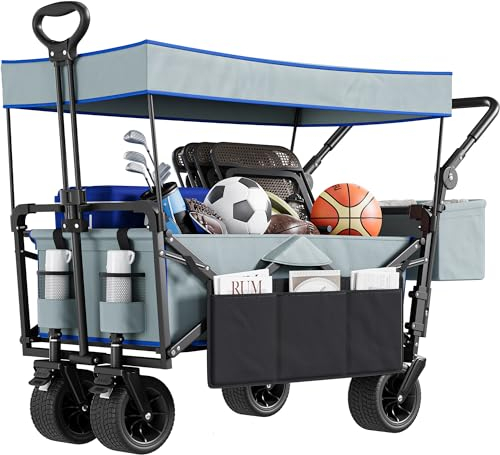 YITAHOME Beach Trolley with Handle Overhead Canopy Cart Push Pull, Folding Wagon with 2 Drink Holders, Large Capacity 220 lbs, Camping Trolley Oversized Wheels for Outdoor Garden Picnics (Gray)
