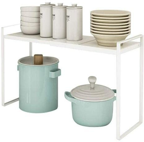 HUOLE Cucina Organizer,mensole cucina con tappetino antiscivolo,salvaspazio Mensole porta piatti, ripiani salvaspazio, organizer per credenza, 36-60 * 21 * 18 cm (bianco)