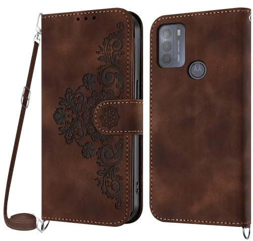 NETANY Funda para Motorola Moto G50 4G con Cuerda, Flip Billetera Funda Tapa Libro PU Cuero con Ajustable Cordón,【2 Ranuras】【Magnética】,Funda para Motorola Moto G50 4G Cuerda (Marrón)