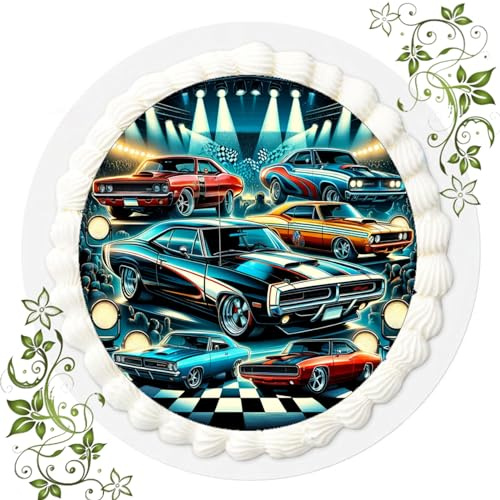 Für den Geburtstag ein Tortenbild, Zuckerbild mit Motiv, Essbares Foto für Torten, Tortenbild, Tortenaufleger Ø 20cm FONDANT Muscle Car Nr. 1