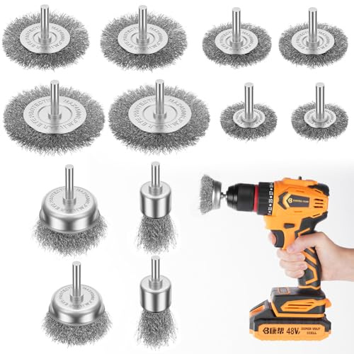 Flintronic Drahtbürste Set 12-Teiliges für Bohrmaschine, Rundschaft 6mm, Scheiben Bürste, Messingbürste Bohrmaschine mit 1/4 zoll Topfbürsten Kit, zum Rost Entzundern Korrosion, Reinigen, Aufrauen