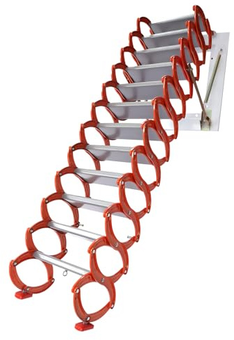 WPORDE 12 Steps Wall Mounted Attic Ladder, Folding Telescopic Stairs, Multi-Purpose Collapsible Attic Steps Aluminum Alloy Loft Staircase Telescoping Attic Stairways with Pull Down (Orange)