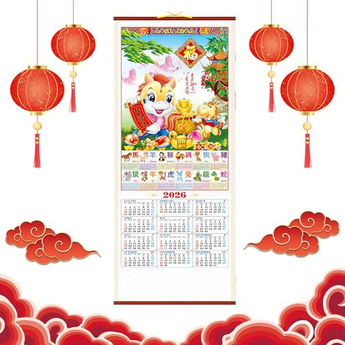 Chinese New Year Calendar Scroll 2026 Year of Horse Wall Calendars 招財進寶 Chinese Lunar Calendar Zodiac Animals Monthly Hanging Calendars Home Decor for Daily Weekly Planner Scheduler Home Office