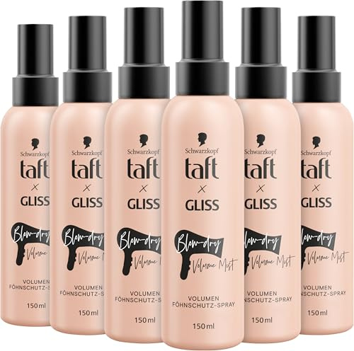 Taft x Gliss Volumen Föhnschutz-Spray Blow-dry Volume Mist (6 x 150 ml), Volumen Spray für 2x mehr Volumen am Ansatz & mehr Fülle in den Längen, bietet Hitzeschutz bis zu 230 °C