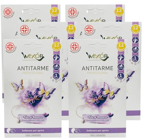 Foglietti ANTITARME Per Armadi e Cassetti FIORI DI PROVENZA, Efficace Su Tarme e Larve. Protegge i Tessuti Ed i Capi Nel Guardaroba e Nei Cassetti. Confezione Da 12 Foglietti (6 Confezioni)