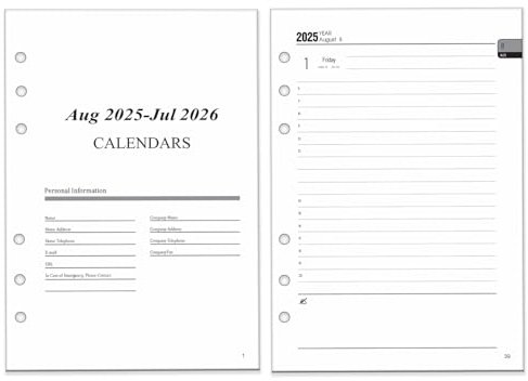 Kalender 2025 2026 Einlage A5 6 Loch, Tagesplaner 1 Tag eine Seite mit Uhrzeiten Monatsübersicht, Extra Notizen Kontakt, August.2025 bis Juli.2026, Terminplaner 1 Tag pro Seite, Kalendereinlagen