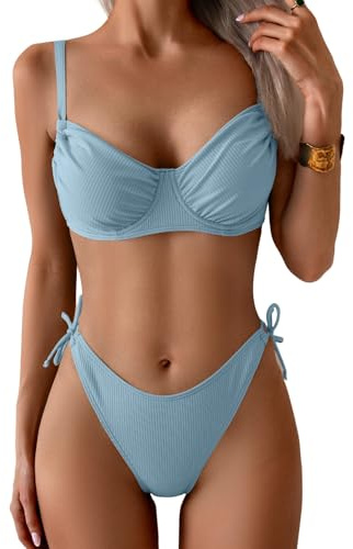Eomenie Bikini Sets for Women Sexy Underwire Two Piece Bathing Suits Ribbed Tie Side Swimsuit Blue