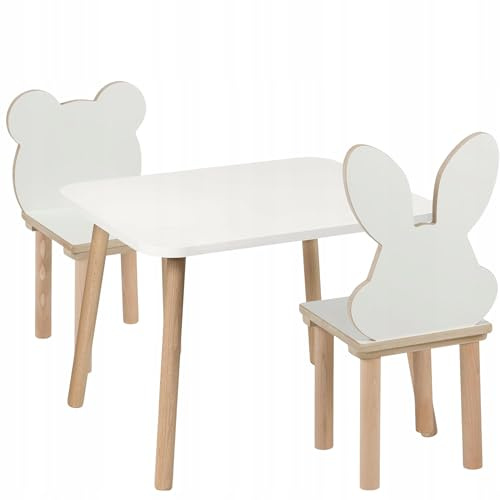 PlayPals Furniture Tavolo per bambini con 2 sedie, 50 x 60 x 47 cm, in legno, design orso e lepre, set per bambini, cameretta dei bambini