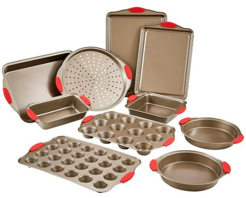 VEVOR Moule à pâtisserie, lot de 10, moule à charnière antiadhésif en acier au carbone, plaque et plateau de cuisson empilable avec poignée en silicone, pour cuisson de biscuits, gâteaux, muffins, or