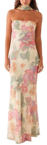 Women Floral Tube Maxi Dress with Scarf Summer Strapless Tube Bodycon Mesh Layer Cocktail Party Wedding Guest Dress (US, Alpha, Small, Regular, Regular, A Beige)