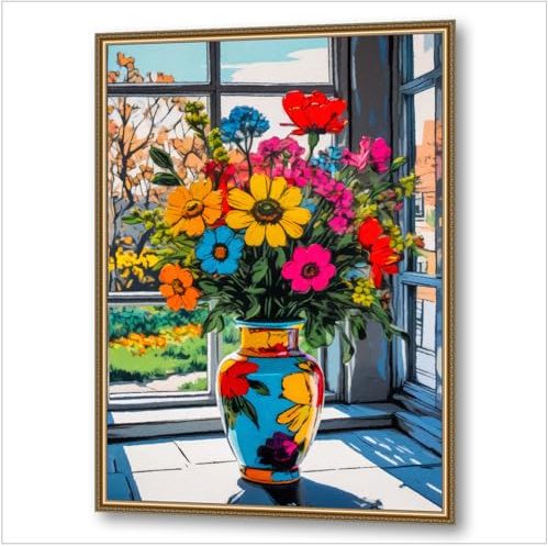 GALERIE SCHÖNE KÜNSTE - Wandbild Wanddeko Blumen Vase #4 - Stillleben Blumenstrauß Fenster - Ölbild Kunstdruck, Goldrahmen gedruckt - Leinwand auf Keilrahmen - Wohnzimmer Schlafzimmer 100x70 cm