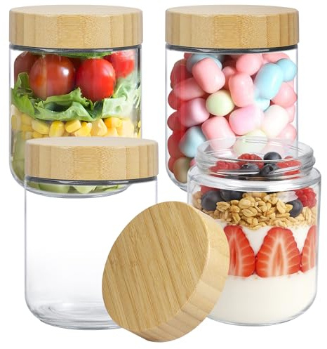 ECOSEAO Lot de 4 Overnight Oats Jar, 480ml Bocaux en Verre Hermétique avec Bouchon à Vis, Pot Yaourt Réutilisables, Pots D'avoine de Nuit pour Café, Puddings, Snacks, Salades