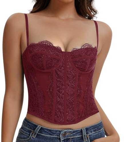 Werkiss Lace Boned Corset Top for Women Going Out Bustier Corset Top with Straps Sexy Overbust Corsets Push Up Crop Tops(Wine Red-Lace, XS)