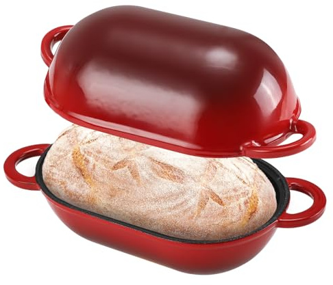 NSIRONS Moule à pain en fonte avec couvercle, 23 cm, en fonte émaillée, cocotte avec couvercle, 2,75 l, idéale pour le pain, convient au four (dégradé de couleur rouge)