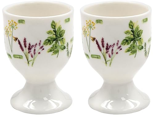 The Leonardo Collection Herb Garden Egg Cups by Jennifer Rose Gallery | Decorative Porcelain Breakfast Egg Holders | Botanical Illustration | Rustic Farmhouse Style | Gift for Garden and Nature Lovers
