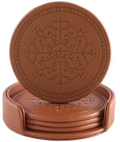 ABCHCHS Coasters Set of 4 - PU Leather Coasters for Drinks with Holder - Brown Handmade Round Drinks Set for Home Decor and Housewarming Gift