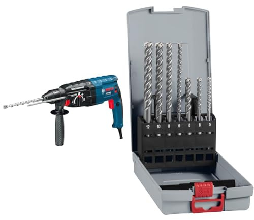Bosch Professional Bohrhammer GBH 2-28 F (inkl. Zusatzhandgriff, Tiefenanschlag 210mm, Maschinentuch) + 7x PRO SDS plus-5X Hammerbohrer-Set (für Beton, Kalk- und Sandsteine, Ø 5-12 mm)