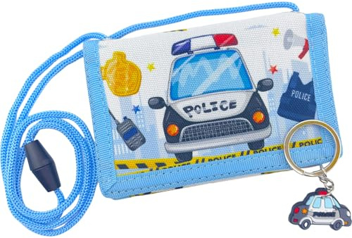 Bikasun Portefeuille pour Enfant avec Porte-clés avec Cordon de Serrage, Compartiment et Compartiment à Monnaie, Portefeuille Pliable pour Enfants, Voiture de Police, Regalo di Compleanno per Ragazzi