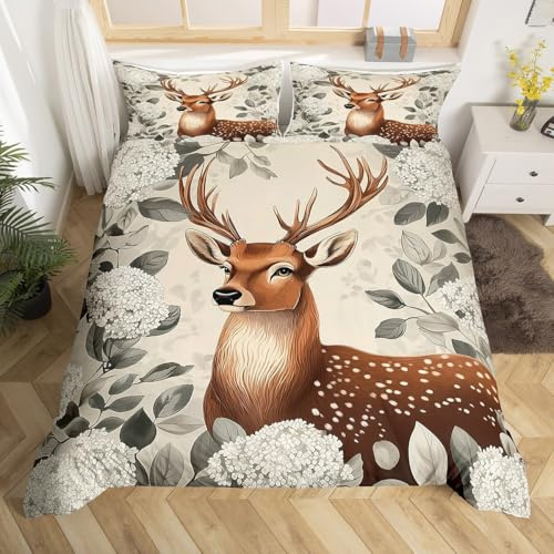 Homewish Rustic Deer Duvet Cover for Adults Women, Elegant Wild Animal Print Double Bedding Sets for Girls, Aesthetic White Floral Quilt Cover Botanical Flowers Bed Sets, Black Reversible