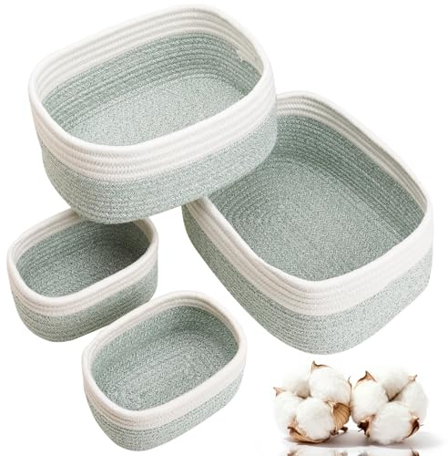 VORHOT Juego de 4 Cestas Almacenaje Tejida con Cuerda de Algodón, Cesta Bebe Organizadoras, Cajas Organizadoras Baño Decorativas para Armarios, Salones, Juguetes, Cambiador