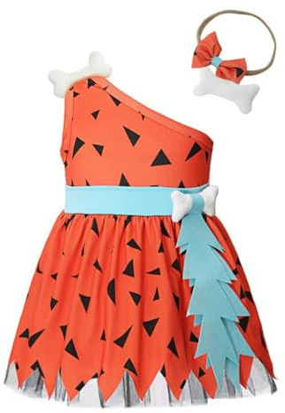 Lito Angels Flintstone Pebbles Fancy Dress Up Costume with Headband for Infant Baby and Little Girls, Orange Green