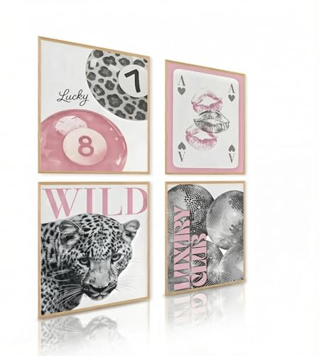 Leopard Leinwand Druck Set mit 4, rosa Gepard trendige Bilder schicke luxuriöse Y2K trendige Poster für Teenager-Mädchen Wohnung Schlafsaal, kein Rahmen (30 x 40 cm)