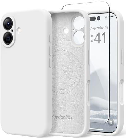 SuydanBox Magnetische Hülle für iPhone 16, kompatibel mit MagSafe, [Vollständiger Kameraschutz + Displayschutzfolie] Stoßfeste Silikon-Schutzhülle für iPhone 16 6,1 Zoll, Weiß | Fit für MagSafe, Displayschutzfolie, Vollkameraschutz, Premium-Silikon, stoßfeste Schutzhülle für iPhone 16