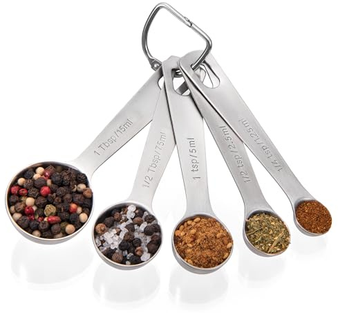 Doosu Metal Measuring Spoons Sets, 18/8 Stainless Steel Kitchen Engraved Measure Scoop Small Measure Teaspoons Tablespoon TSP Tbsp for Serving Baking Cooking Dry and Liquid (Round, 5 Piece)
