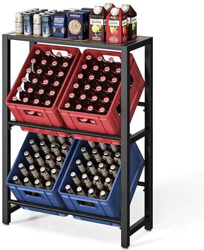 Josmimic Scaffale per casse di bevande con ripiano per 4 scatole, robusto scaffale in metallo, nero, salvaspazio, per birra, acqua e bevande analcoliche, ideale per cucina, cantina e ripostiglio