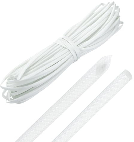 sourcing map 49ft Braided Cable Sleeve, 4mm / 5/32 ID 200C High Temperature 1500V Fiberglass Wire Insulation Cord Protector Organizer Wires Management for Motor Engine Fuel Line, White