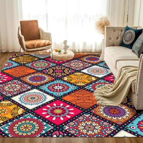 Alfombra de retazos, 120 x 160 cm, antideslizante, lavable a máquina, pelo corto, alfombra vintage para sala de estar, entrada, oficina, escritorio, mesita de noche, dormitorio, flores tradicionales