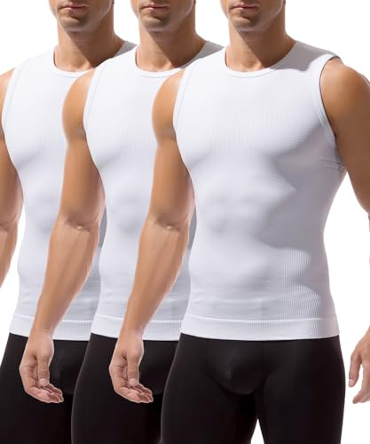 Casey Kevin Men's Shapewear Tank Top Sleeveless Compression Shirt Slimming Vest Gynecomastia Tummy Control Undershirts 3 Pack,White*3,Large