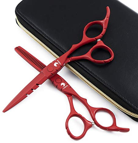 TIJERAS Professional Salon Hair Cutting Thinning Scissors Barber Shears Hair Cutting Tools Set 5.5 Inch, 6 Inch (5.5 Inch, Red)