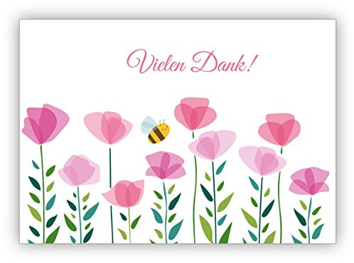 Kartenkaufrausch Fröhliche Dankes Karte mit Blumen und kleiner Biene: Vielen Dank • schöne Grußkarte im Set mit Umschlägen um Danke zu sagen, hochwertig und schön