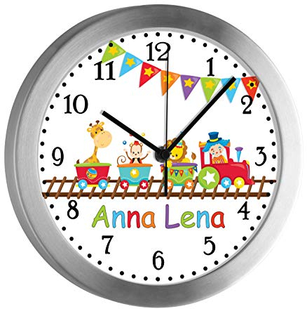 CreaDesign, Analoge Kinderzimmer Funkuhr mit (Wunsch) Name personalisiert, Kinder Wanduhr geräuscharm mit Aluminium-Rahmen, Motiv Zug, WU-10-1088