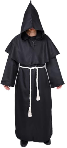 Monk Costume Medieval Friar Hooded Monk Renaissance Priest Robe Costume Halloween Fancy Dress (Black, XXL)