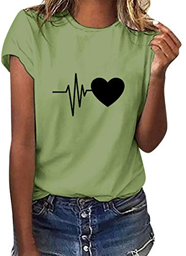 heekpek Maglietta Manica Corta Donna Amore Tshirt Cotone Maglietta Elegante Donna Casual T-Shirt Estiva con Girocollo Magliette Basic Estive Top, Verde, M