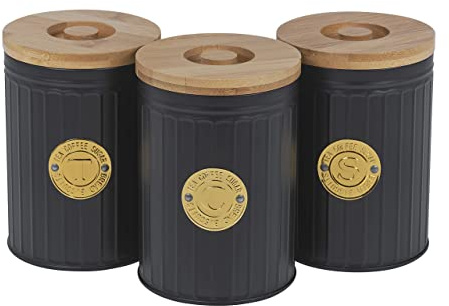 Homiu Lot de 3 boîtes hermétiques pour thé, café et sucre - Avec couvercle en bambou - En acier carbone noir - 11 x 17 cm - Pour thé, café et sucre