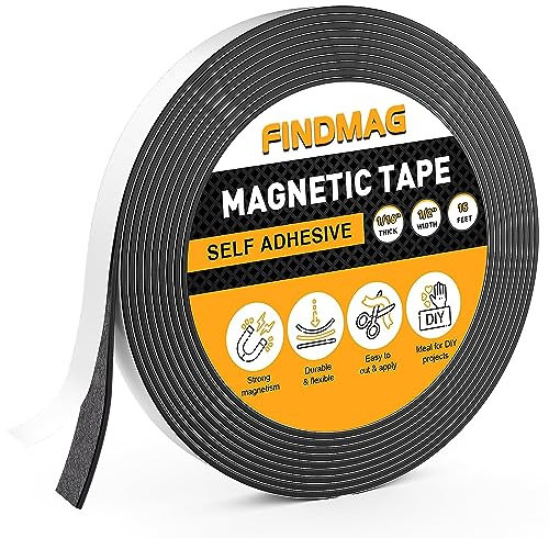 FINDMAG 4.5 m Magnetic Tape with Strong Self Adhesive Flexible Magnetic Strip Sticky Magnet Tape Roll for Craft & DIY Projects, Whiteboards & Fridge - 15 Length x 0.5 inch Width x 1.5 mm Thickness