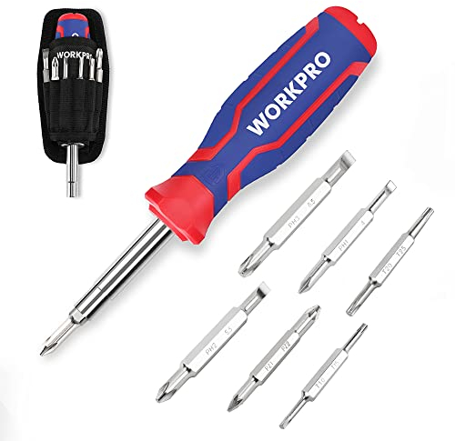 WORKPRO Jeu de Tournevis 14-en-1, Tournevis avec Multi-Embouts en Cr-V et Rallonge, Comprend 4 Formes de Tête - Plat, Cruciforme, Torx, Pozidriv, Puissance et Maniable pour les Travaux de Vissage