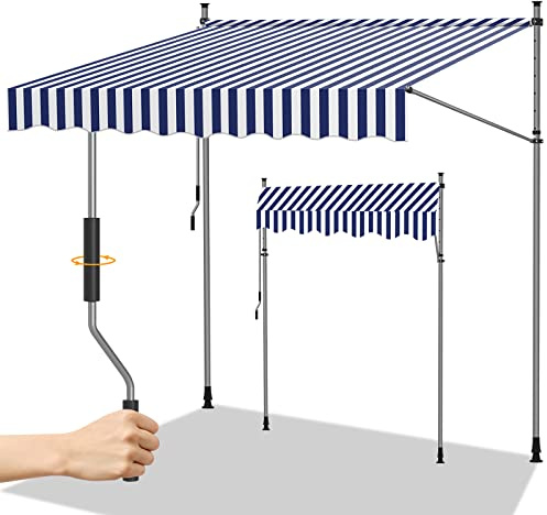 Randaco Klemmmarkise ohne Bohren, UV-beständig Einziehbar Klemmmarkise mit Handkurbel Höhenverstellbar, Sonnenschutz wasserdich, Terrassenüberdachung, Einfache Montage 200x120cm Blau Weiß