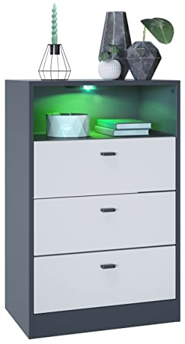 Vladon Kommode Pino V2, Made in Germany, Anrichte mit 3 Schubladen & 1 offenem Fach, Anthrazit matt/Weiß matt mit LED RGB (56 x 86,5 x 36 cm)