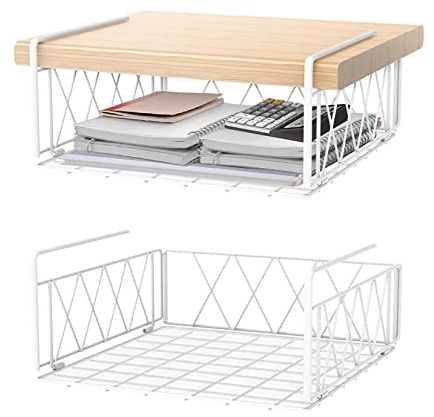 Fuleadture Hängekorb Regal, 2 Stück Hängekorb aus Metall, Regaleinhängekorb Unter Schrank, Hängende Aufbewahrungskörbe für Küche, Speisekammer, Büro, Schreibtisch (Weiß)