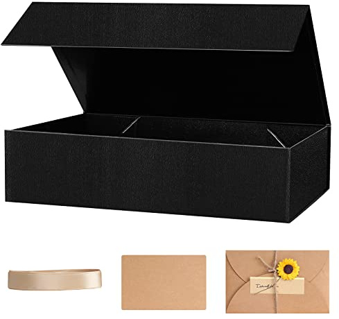 Srvnpioy Caja de Regalo Magnética Negro Extra Grande, 43 x 25,5 x 10cm, Cajas de Regalo Decorativas con tarjeta de regalo y cinta