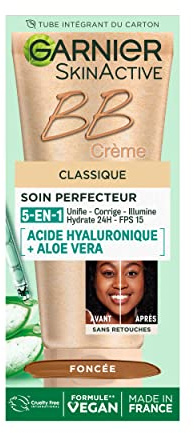 GARNIER Skin Active - BB Crème - Soin Perfecteur Tout-En-1 - Unifie, Matifie & Hydrate - FPS 25 - Acide Hyaluronique & Aloe Vera - Vegan & Cruelty Free - Peaux Mixtes à Grasses - Teinte Foncée - 50 ml