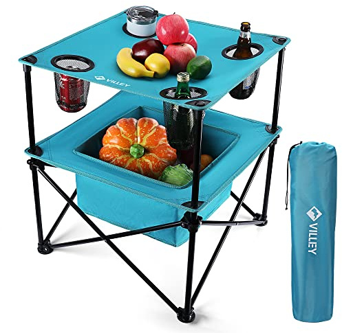 VILLEY Portable Camping Picnic Table, Lightweight Folding Beach Table with 4 Cup Holders and Carry Bag for Camp, Travel, Fishing, and Outdoor Activities